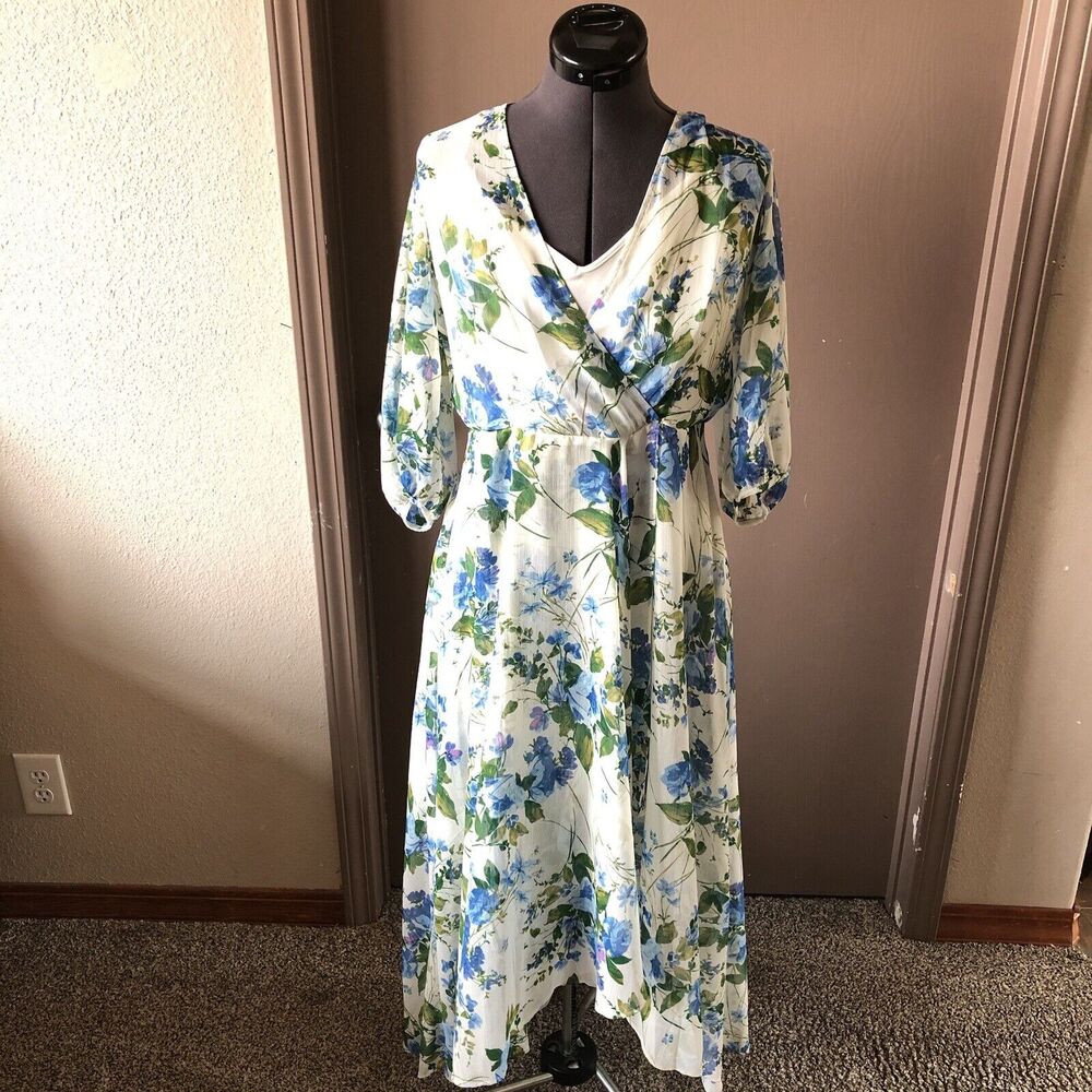 Floral Blue & Green Surplice Midi Dress - Picture 2 of 10